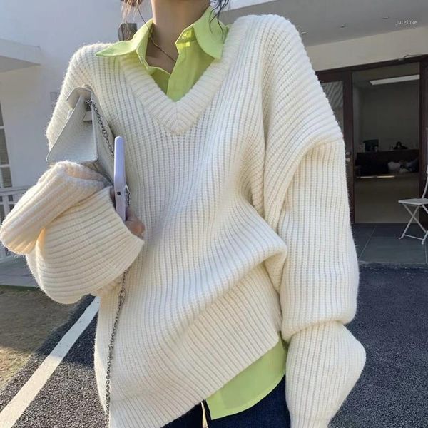 

h.sa 2021 women spring pullover sweater jumpers long sleeve v neck oversized sweaters pure color korean chic white sweater1, White;black