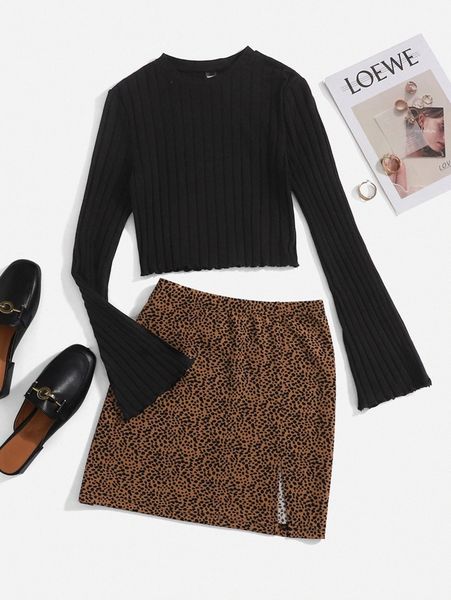 

flounce sleeve lettuce trim & dalmatian print split hem skirt 65fe#, White