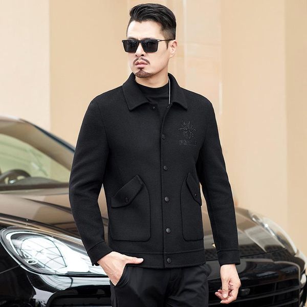 

woolen coat men's short double faced jacket new men's woolen lapel embroidered jacket in autumn and winter 2020, Black