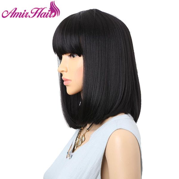 

амир прямые черные синтетические парики с челкой для женщин средняя длина волос боб парик термостойкая бобо прическа cu wmthth, Black