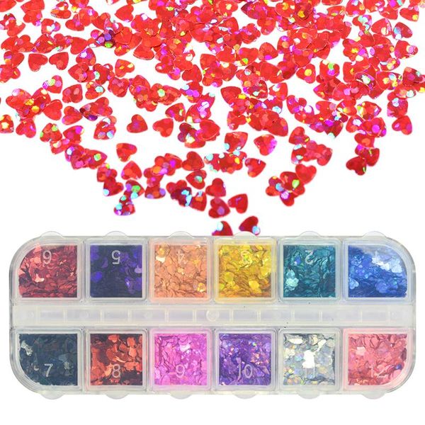 

nail art decorations 1 case heart shaped glitter sparkly sequins laser 3d paillette flakes tips 12 color diy manicure tools, Silver;gold