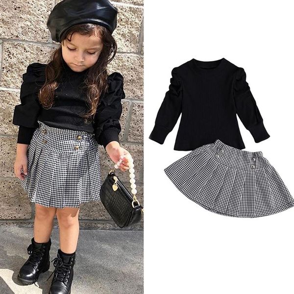 

2021 fashion toddler girl clothes set kids baby infant clothing girls black t-shirt plaid a-line skirts spring outfit set, White