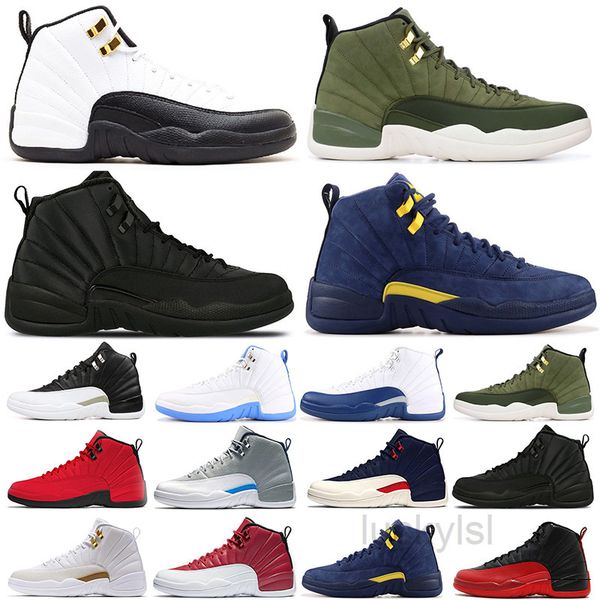 

new university gold jumpman 12s 12 basketballs shoes indigo flu game iridescent reflective gym red white dark grey wings men trainers kllt, Black
