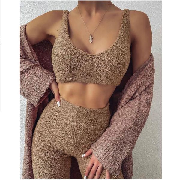 

2020 fall winter fur two piece outfits backless crop women outfits matching set and high waist pants streetwear, Gray