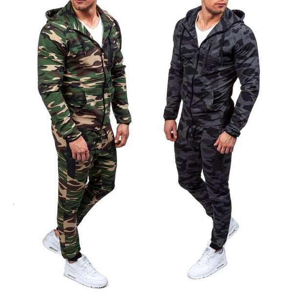 

2021 new spring autumn men camouflage tracksuit street fashion hooded long sleeve sweatshirts and drawstring sweatpants piece ninm, Black;brown