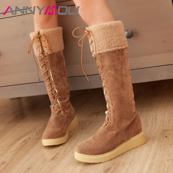 

annymoli flat platform snow boots woman knee high boots round toe shoes lace up long lady warm winter beige black size 43