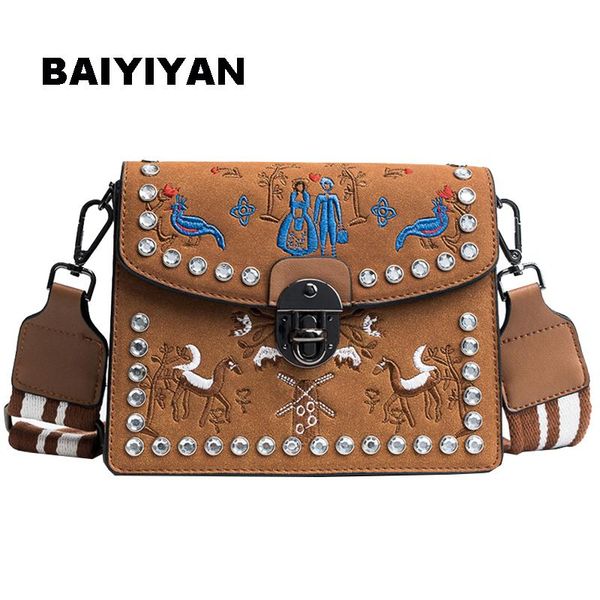 

new women's embroidery flower flap shoulder bag designer pu leather fashion rivet messenger bag ladies rivet handbag