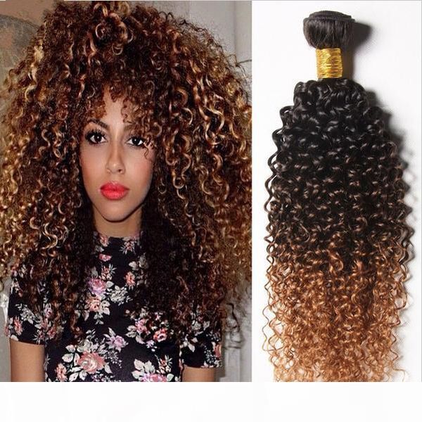 

virgin brazilian kinky curly ombre human hair wefts 3pcs lot #1b 4 27 honey blonde 3tone ombre brazilian virgin human hair weave bundles, Black