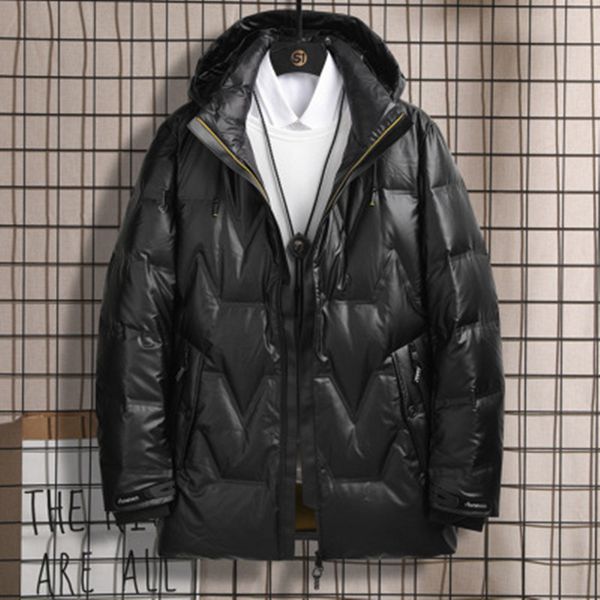 

mid-length padded coat winter thick solid loose men's shiny down jacket fashion casual new hooded overcoat, Black