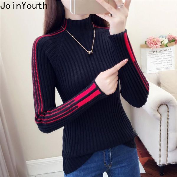 

joinyouth half turtleneck striped sweaters women warm 2019 autumn pullovers fashion casual panelled new pull femme korean j3021, White;black