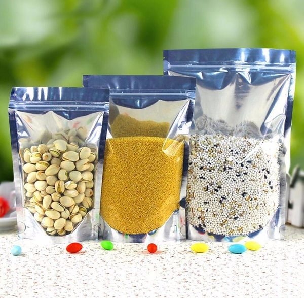 

up aluminium 1000 clear pcs foil stand bag, silvery metallic plastic packaging pouch for food tea candy cookie baking