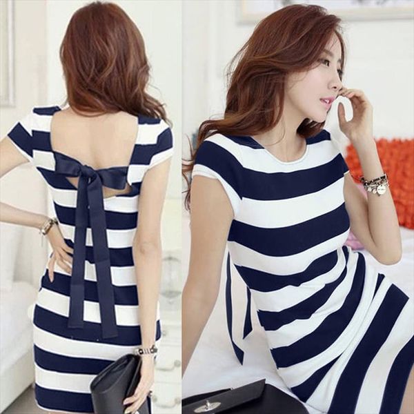

plus size women k pop dress korean cut out tie bow backless short sleeve striped summer dress mini bandage casual, Black;gray