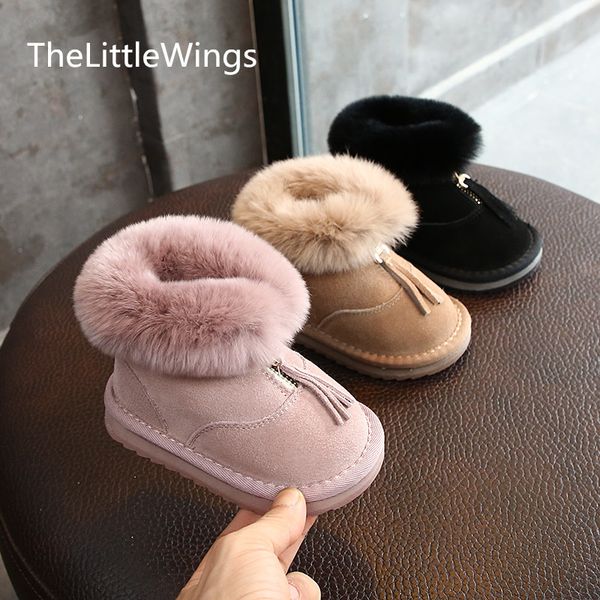 

2020 winter new snow boots tassel rabbit's hair suede plush genuine leather shoes girls aged 0-1-3 super soft and comfortable, Black;red
