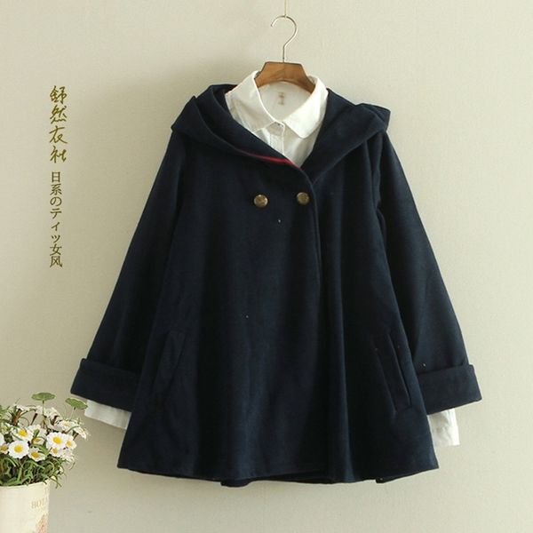 

new autumn women loose wool coat student cloak hooded coats red kahaki womens winter clothing c1111, Black