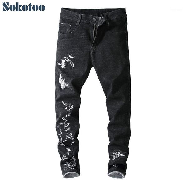 

sokotoo men's white butterfly flower embroidery black jeans fashion stretch denim skinny pants1, Blue