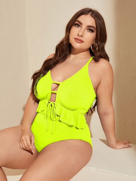 

plus neon yellow cut-out ruffle one piece swimsuit j9gx#, Black