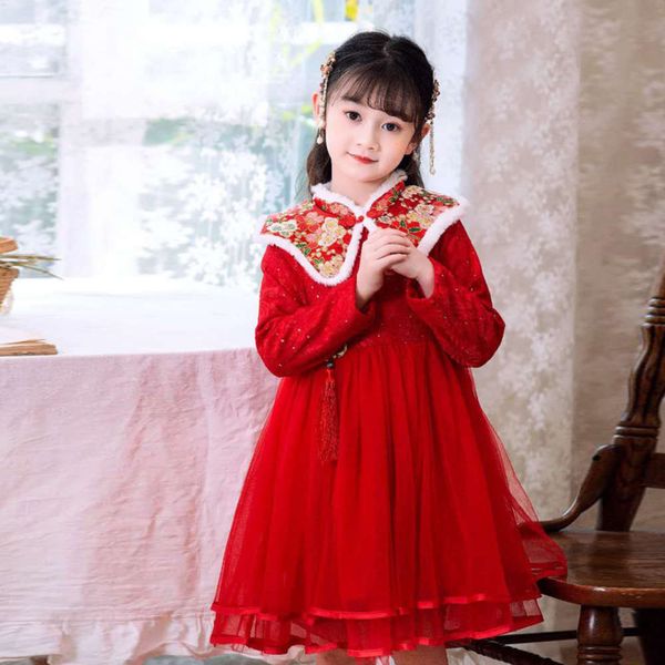 

new girls' sle children's chine with cheongsam veet lace year's drs, Red;yellow