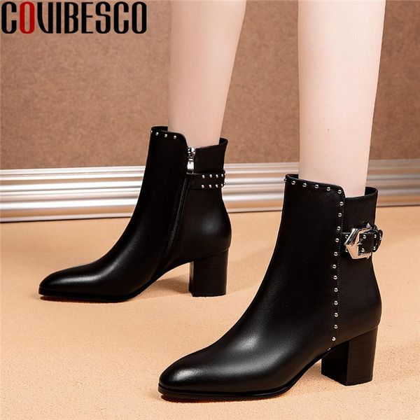 

covibesco autumn winter fashion women ankle boots new buckle shoes woman genuine leather concise rivets office casual zip boots, Black