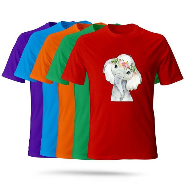 

cute elephant print t-shirt multicolor pretty fashion women's shirt durable loose o-neck pop comfortable tshirt, White