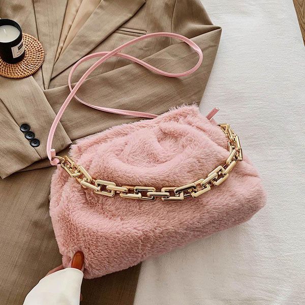 

thick chain handbag and purse women fur shoulder bag winter plush hand bag ladies crossbody bags for women 2021 tote clutch