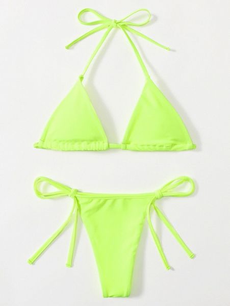

neon lime triangle tie side bikini swimsuit a8zf#, White;black