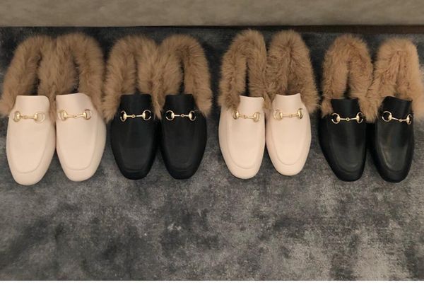 

european and american autumn winter new fund mao mao half slipper female outside wears versatile metal buckle square head lazy person rabbit, Black