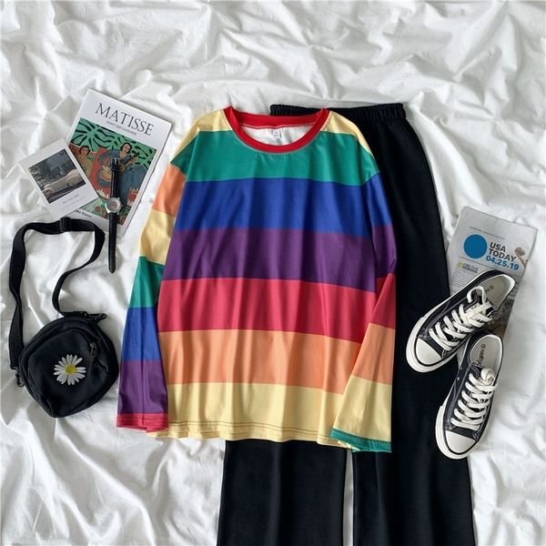 

n7wqn autumn 2020 long sleeve women's new version korean ins stripe rainbow harajuku student loose bottoming t-shirt t-shirt shirt ufdx, White