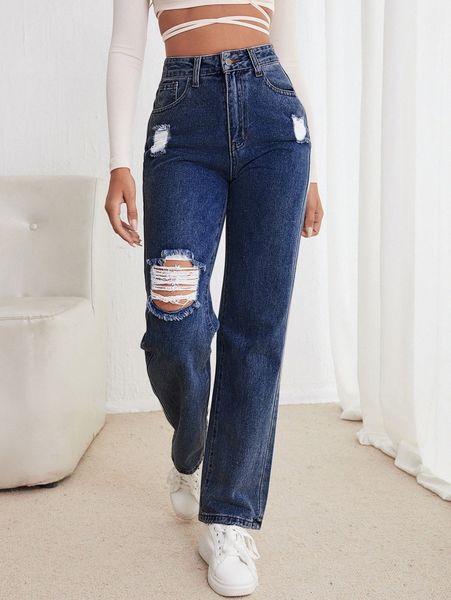 

high waist straight leg ripped jeans j7uw#, Blue