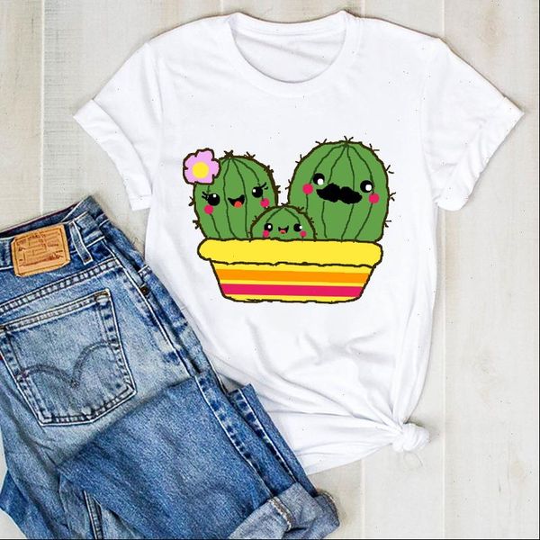

women lady flower plant summer cactus cartoon print ladies t tee tshirt womens female shirt clothes graphic clothing t shirt, White