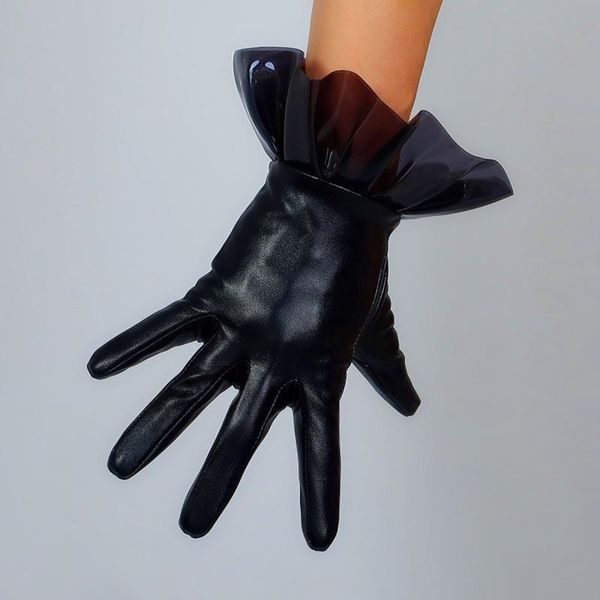 

green lady girl wedding party fashion women ladies pu leather with pvc ruffle pink short dance gloves stage performance gloves h jlltnh, White