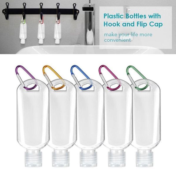

50ml travel clear plastic empty bottles with funnels carabiner buckle labels squeezable hand sanitizer shampoo liquid containers1