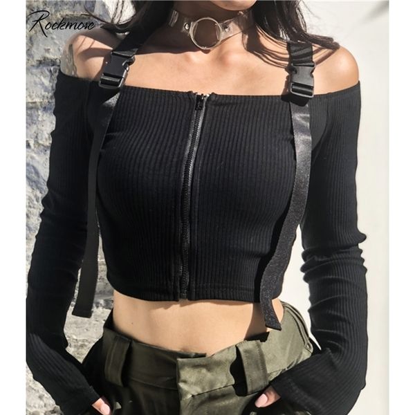 Rockmore Gothic Ribbed T-shirt de Manga Longa T-shirt das Mulheres Bodycon Buckle Estranho Zipper Streetwear Femme Camisas Top Tees Outono 201028