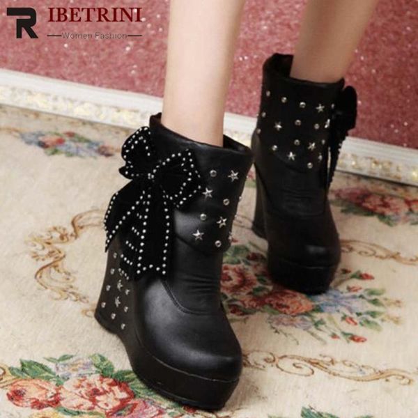 

boots ribetrini women shoes solid slip on platform wedges ankle butterfly-knot sweet winter, Black