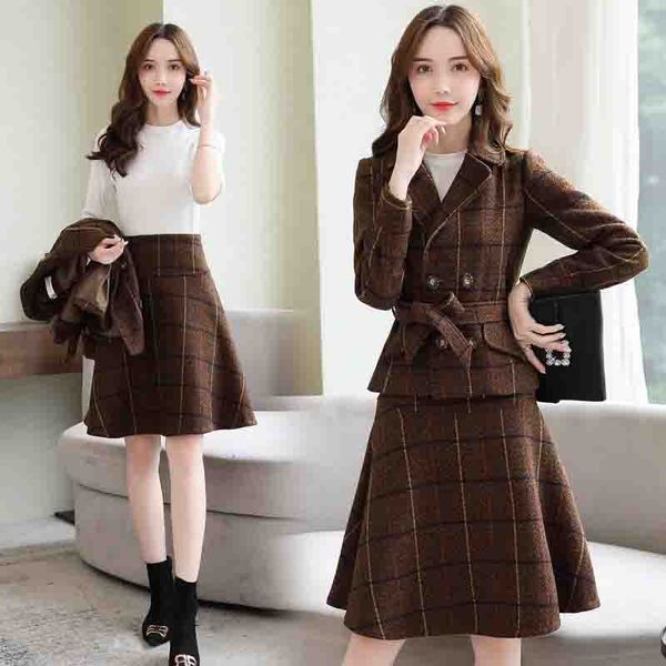 

autumn and winter 2020 new women's fashion temperament skirtsuit skirt 2-piece small fragrance western style professional woolen suit s, Gray