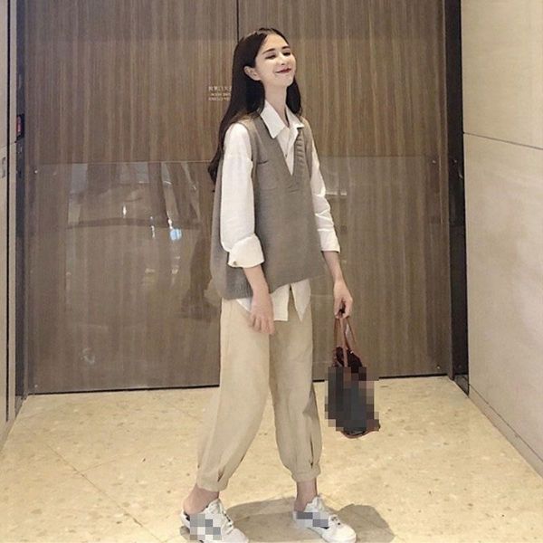 

9ijc8 small autumn with foreign style high temperament suitshirt pants sethong kong style shirt suit suit fashionable two-piece pants chic s, Gray