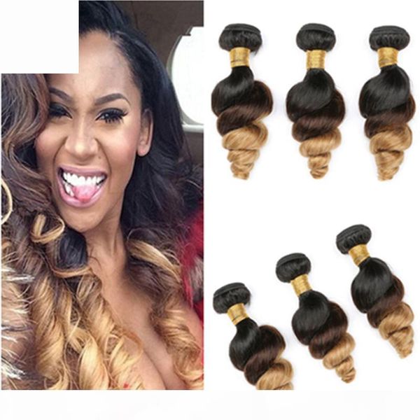 

#1b 4 27 ombre loose wave weaves human hair bundles peruvian 3tone ombre virgin hair extensions dark roots brown and honey blonde bundles, Black