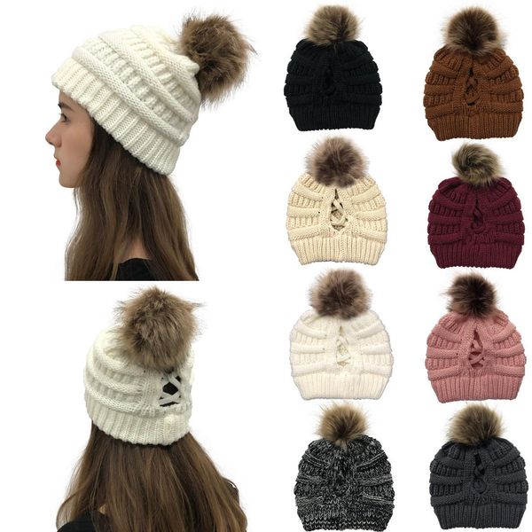 

16style criss pom beanies women girl winter knitted hats outdoor ponytail beanie detachable pompom hat knit cross cap dhc2675