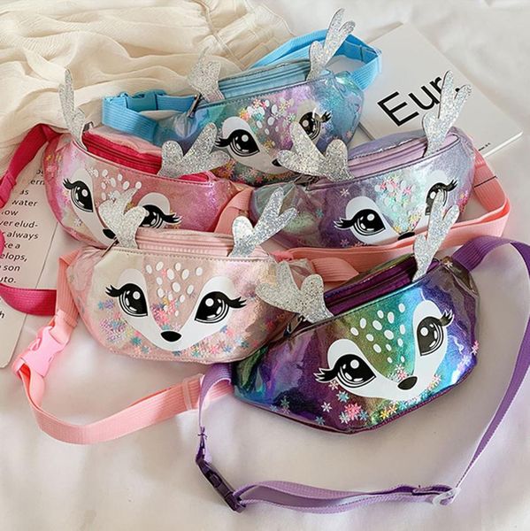 

kid laser elk fanny pack with deer horn cartoon sequin girl cross body parent child waist bag christmas gift
