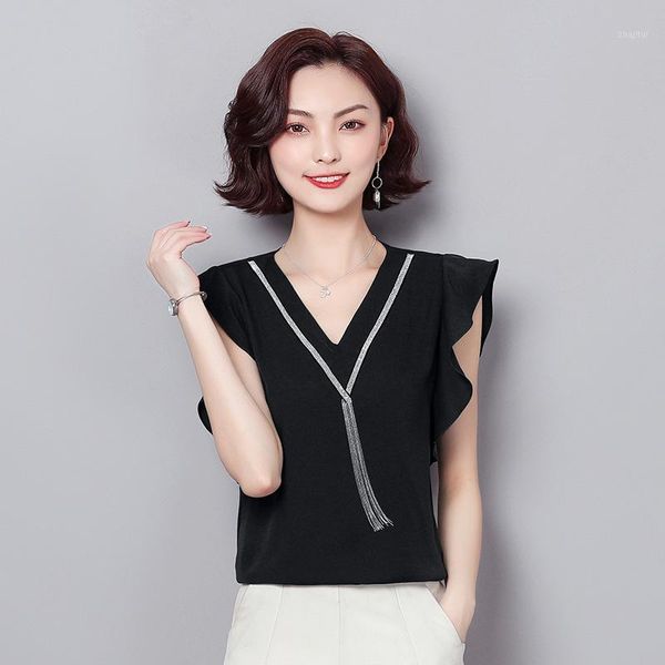

chiffon shirt female flounced short-sleeved v-neck sweater versatile elegant slimming belly covering zi yang gas 2019 summer1, White;black