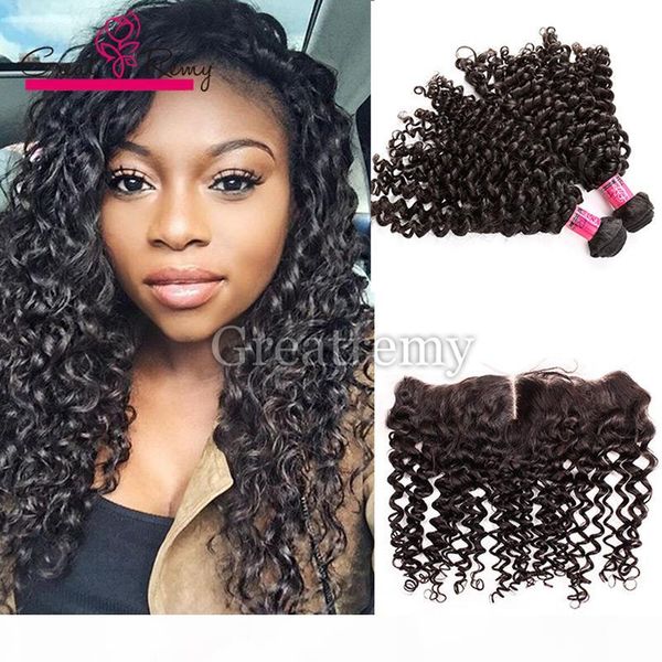 

2pcs mink brazilian deep curly wave hair bundles with lace frontal closure 13x4 greatremy natural virgin human hair with ear to ear frontals, Black