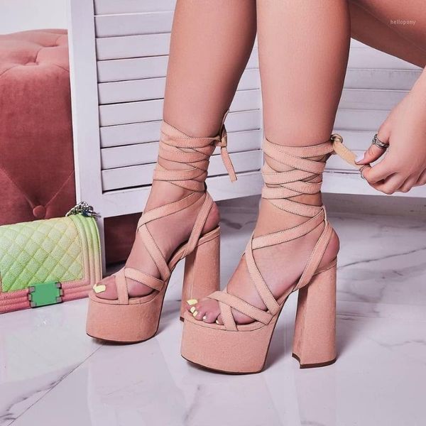 

lace-up chunky heels sandal open toe platform thick heels woman shoes pink black strappy runway dress sandal1