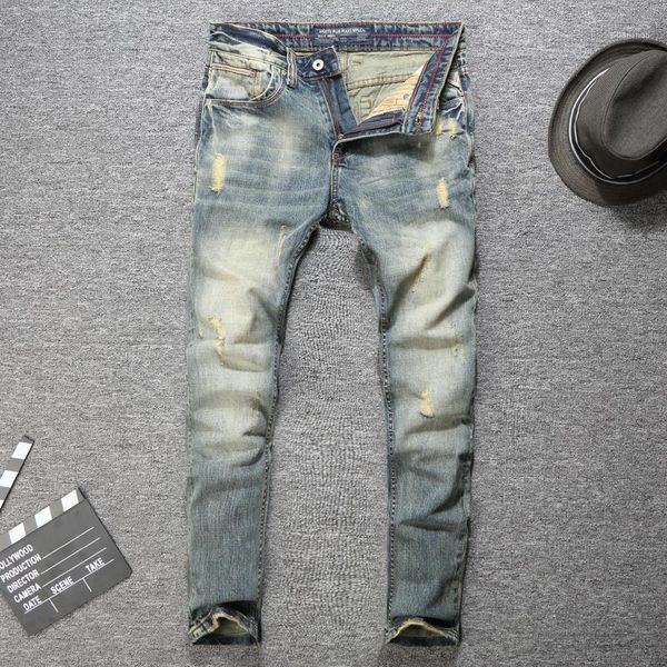 

italian style fashion men jeans destroyed ripped jeans retro washed slim fit vintage designer classical men1, Blue