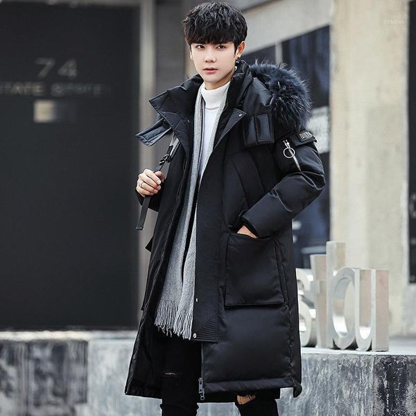

2020 new men's down jacket medium and long youth hooded big hair collar white duck down thickened warm jacket1, Black