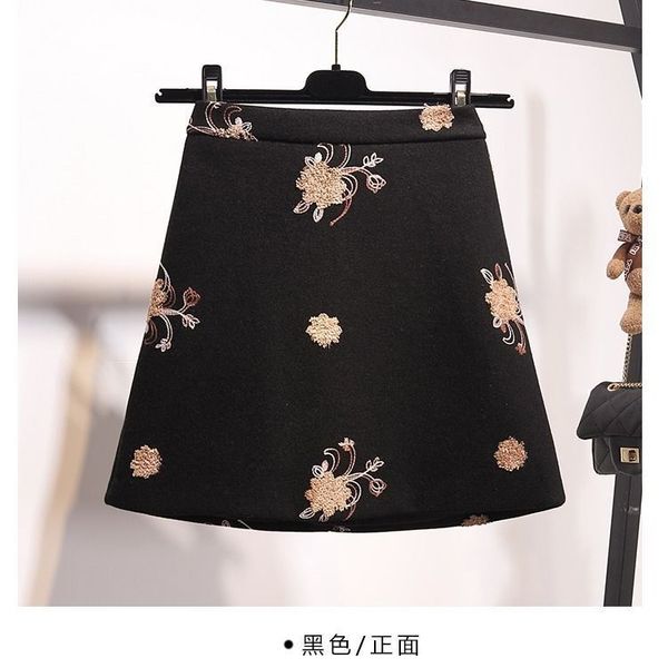

new 2021 spring retro-embroidered a line short high bundle woolen skirt y361 gt2g c3de, Black