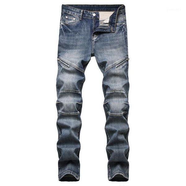

streetwear men slim motorcycle biker jeans homme straight male moto hip hop denim pants joggers jean personality zipper jeans1, Blue