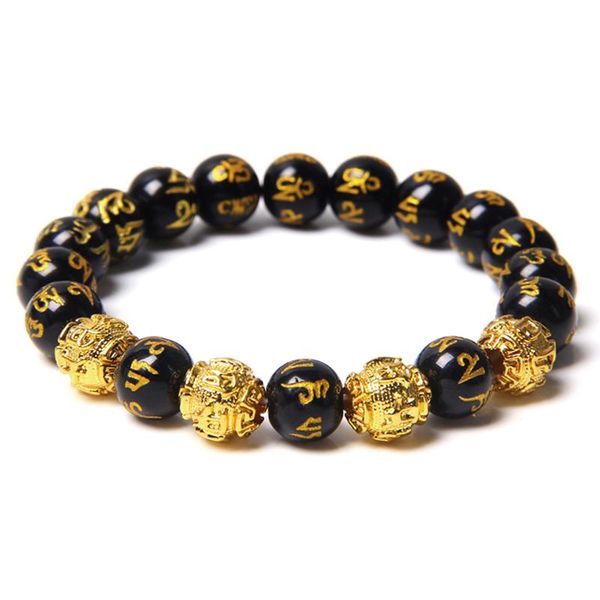 

men buddha bracelet 10mm natural onyx stone beads bracelet gold alloy ball charm yoga energy women men pulsera jewelry, Black