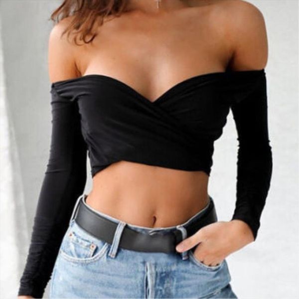 

2020 women cross long sleeve lady girl crop off shoulder t shirt summer women 3 colors, White