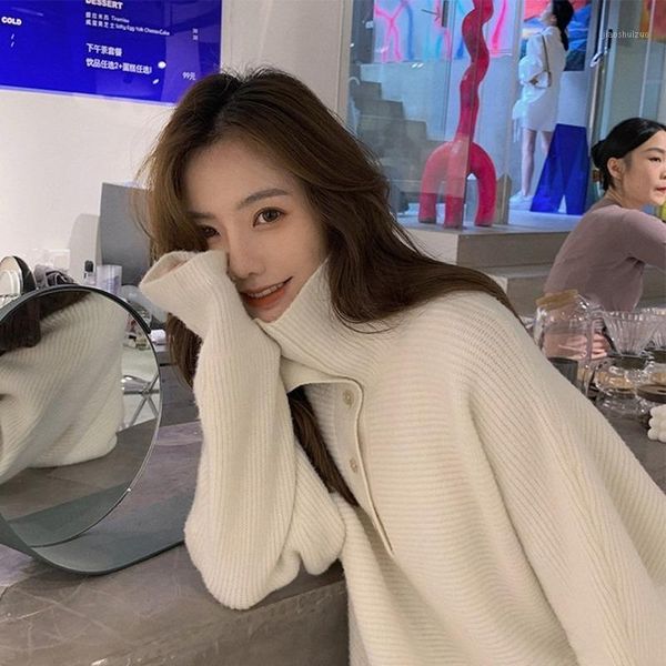 

mid-length solid color thick turtleneck sweater women's pullover 2021 autumn/winter new korean fashion loose lazy knit sweater1, White;black