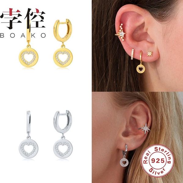 

hoop & huggie boako gold earrings 925 sterling silver for women heart earring girls pendientes brincos arete zircon fine jewelry, Golden;silver