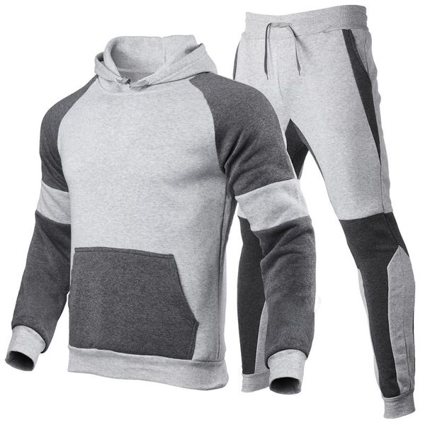 

2 pcs men color block outfits autumn winter long sleeve cotton comfort front pocket hoodie + drawstring trousers, Gray